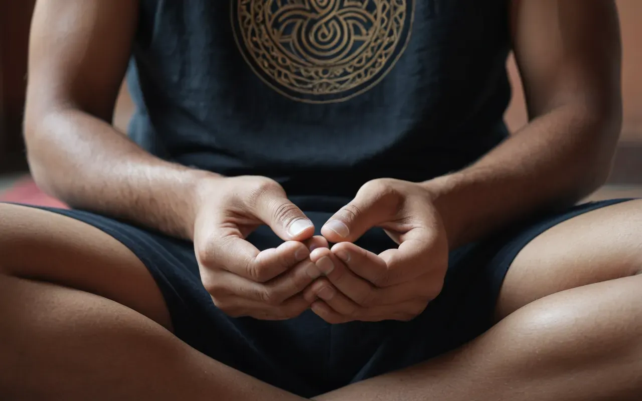 meditasyon anı Close-up of a person's hands resting gently on their knees during a meditation session, soft diffused light, shallow depth of field, calm and focused expression