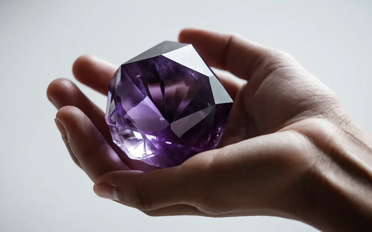 ametimst taşı Close-up of a purple amethyst crystal held in two hands against a soft white background with natural light illuminating the facets and shadows.