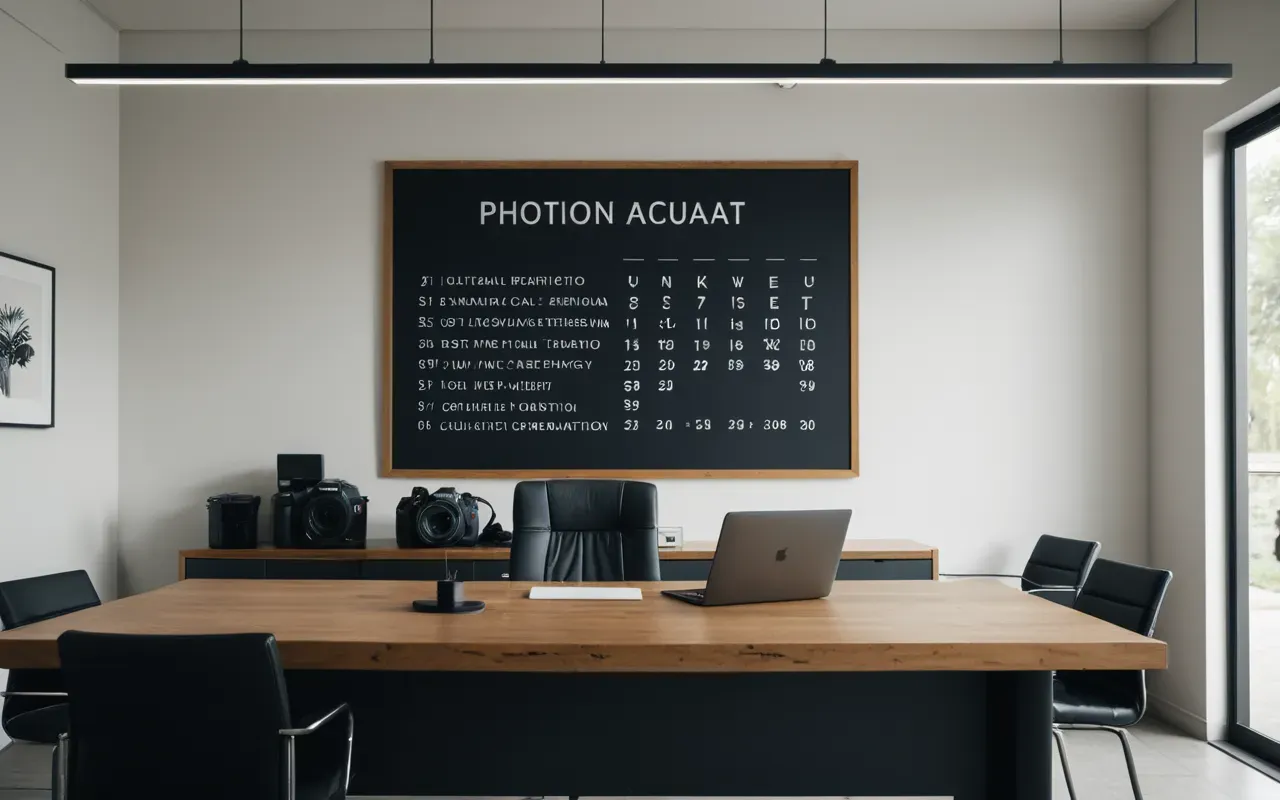 Wide editorial photograph of a calm modern workspace with soft natural daylight and minimalist decor in neutral tones