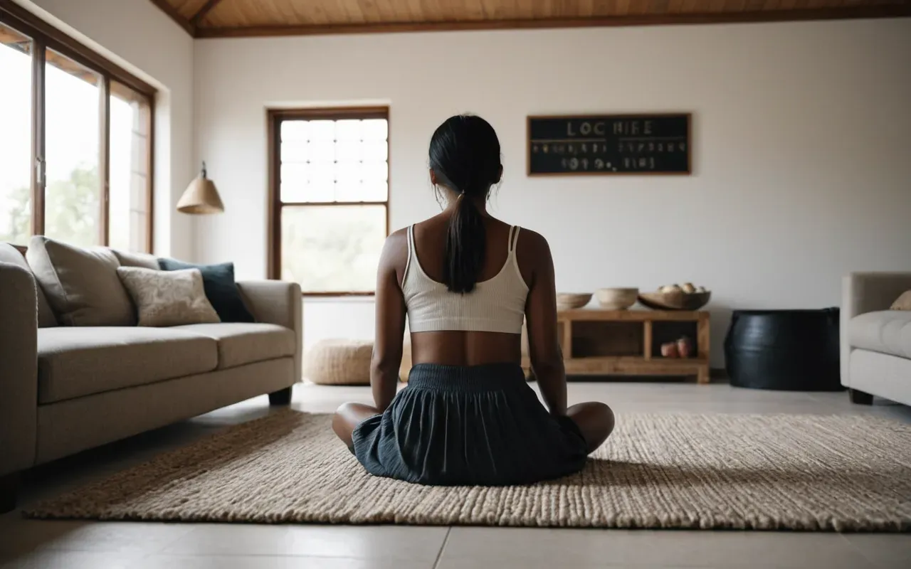 şifa enerjisi ortamı Wide shot of a modern minimalist living room with soft natural daylight streaming through large windows, a person sitting cross-legged on a neutral rug, calm and serene atmosphere